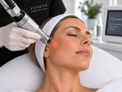 Fraktioneret CO₂-laserbehandling af kvindens ansigt hos Esthetix Kosmetisk Klinik i Herning – hudfornyelse, forbedret hudstruktur og reduktion af ar og fine linjer.