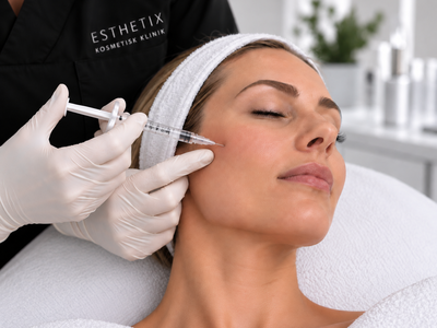 Fraktioneret CO₂-laserbehandling af kvindens ansigt hos Esthetix Kosmetisk Klinik i Herning – hudfornyelse, forbedret hudstruktur og reduktion af fine linjer og ar.