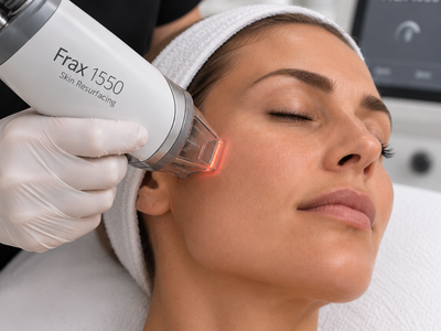 Frax 1550 Skin Resurfacing behandling af kvindens ansigt hos Esthetix Kosmetisk Klinik i Herning – laserbehandling til hudfornyelse, glød og forbedret hudstruktur.