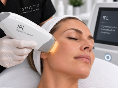 IPL pigmentkorrektion af kvindens ansigt hos Esthetix Kosmetisk Klinik i Herning – behandling af pigmentpletter og ujævn hudtone.