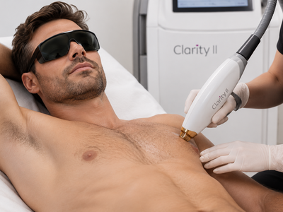 Laser hårfjerning med Clarity II på en mand – professionel laserbehandling mod uønsket hårvækst hos Esthetix Kosmetisk Klinik i Herning.