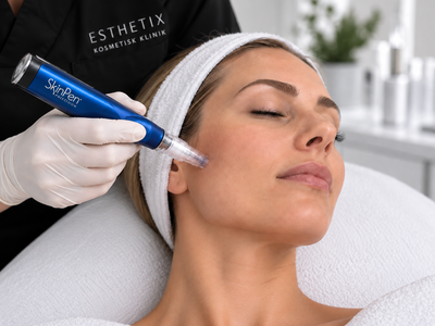 SkinPen microneedling behandling af kvindens ansigt hos Esthetix Kosmetisk Klinik i Herning – hudfornyelse, glød og forbedret hudstruktur