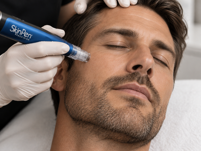 SkinPen microneedling behandling af mandens ansigt hos Esthetix Kosmetisk Klinik i Herning – hudfornyelse, forbedret hudstruktur og friskere hud.