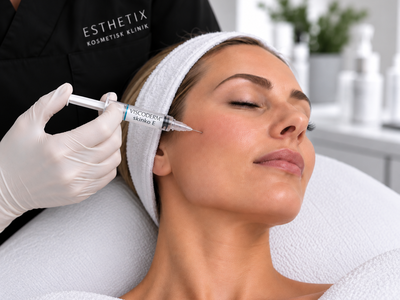 Viscoderm® Skinko E mesoterapi af kvindens ansigt hos Esthetix Kosmetisk Klinik i Herning – hudfornyelse, fugt og forbedret hudkvalitet.